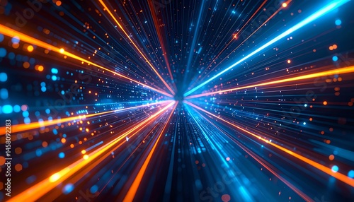 A dynamic burst of blue and orange light streaks radiates from a central point, evoking speed, energy, and futuristic technology.