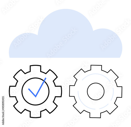 Cloud icon above two cogwheels, one with a checkmark. Ideal for cloud computing, configuration, technology setup, process optimization, workflow management, automation, simple landing page