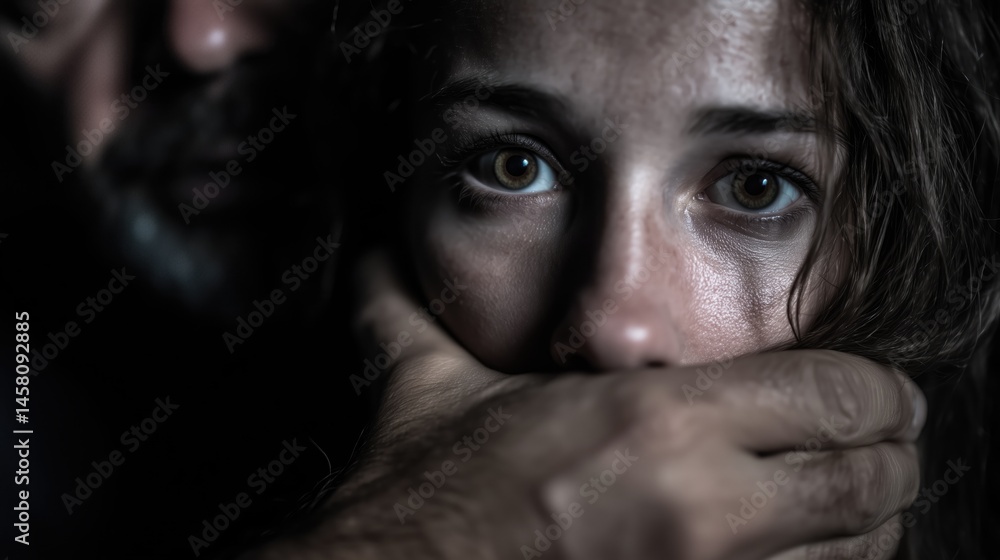 Fear. Menace. Threat. Frightened woman firmly held by someone behind her in the darkness. Tension. Hostage. Silenced. Kidnap Fear. Menace. Threat. Frightened woman firmly held by someone behind her in the darkness. Tension. Hostage. Silenced. Kidnap