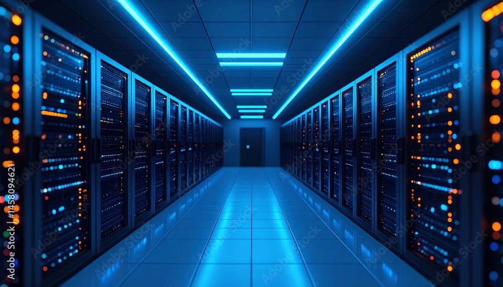 A high-tech server room with rows of illuminated racks and blue lighting, creating a futuristic and secure data center environment. A high-tech server room with rows of illuminated racks and blue lighting, creating a futuristic and secure data center environment.