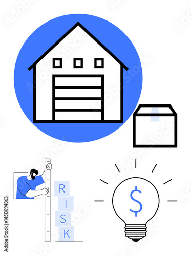 Warehouse building and package, worker assessing risks, and dollar sign in bulb representing ideas. Ideal for logistics, storage, finances, business, innovation, risk management and simple landing
