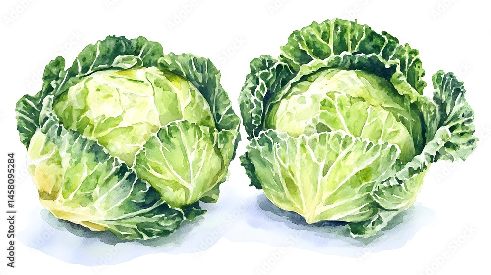 Fototapeta premium Two watercolor painted cabbages displayed close together.