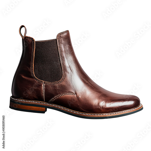 Png of Stylish brown leather Chelsea boot with elastic side panels and a sleek silhouette for a modern look.