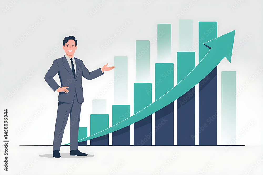 Minimal HD Image of Businessman Presenting Growing Bar Chart with Rising Arrow
Minimal HD Image of Businessman Presenting Growing Bar Chart with Rising Arrow