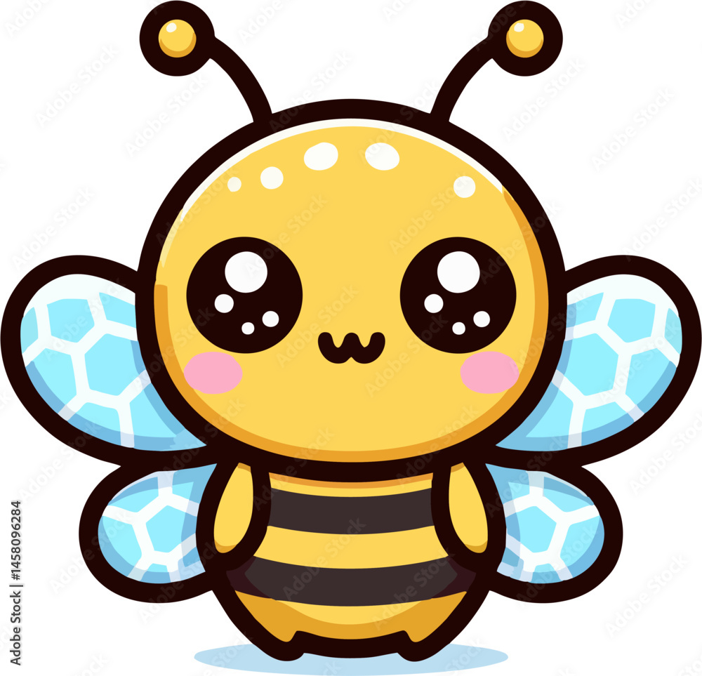 Obraz premium Cute Chibi Bee Vector with Big Sparkly Eyes and Hexagon Wings – Adorable Cartoon Insect Character for Kids Clipart and Stickers