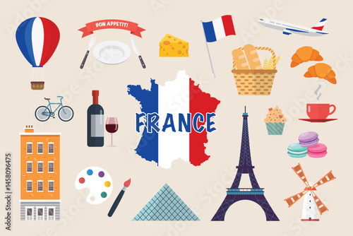 Simple and cute illustration set related to france