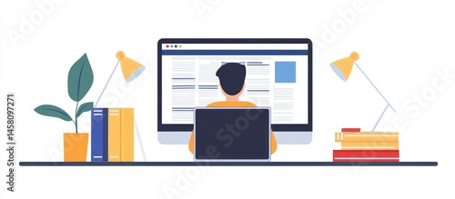 Person Working at Desk with Computer and Laptop Illustration