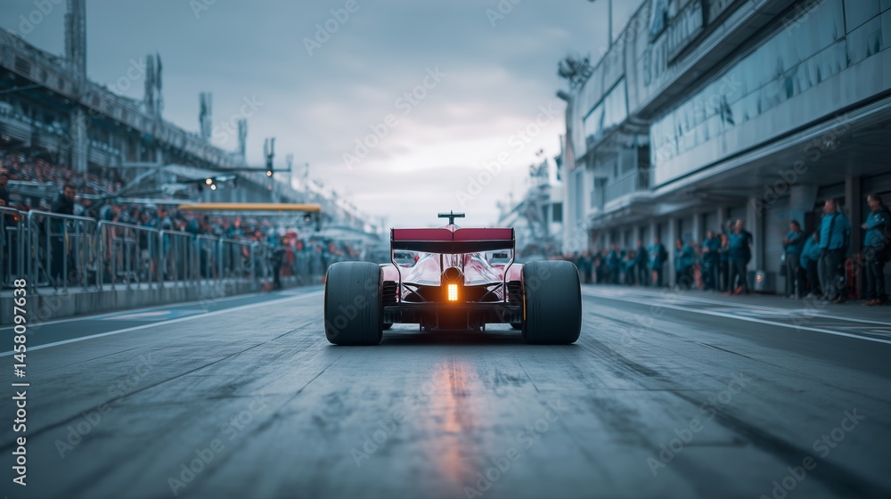 Fototapeta premium Formula 1 Car in Pit Lane with Wet Asphalt at Racing Circuit Surrounded by Team Crews and Spectators Under Overcast Sky Conditions