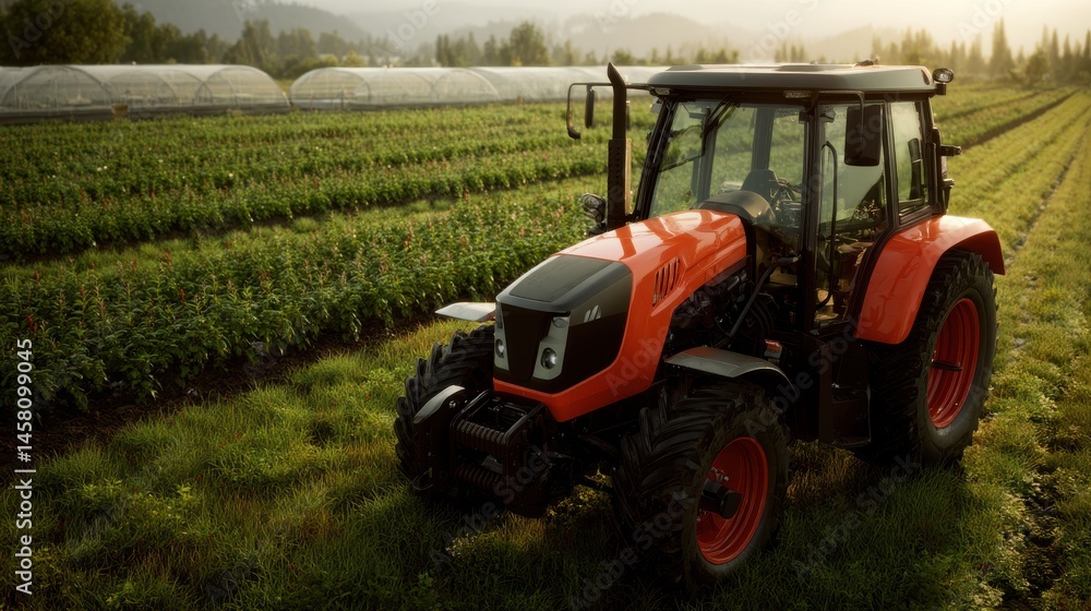 Obraz premium A stunning image of photorealistic cinematic mid close shot of a modern next-generation orange tractor parked in a lush green farmland, the tractor appears completely dry, clean.