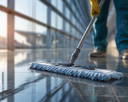 Wallpaper Mural Person cleaning shiny floor with a mop in a modern, sunlit building hallway. Torontodigital.ca