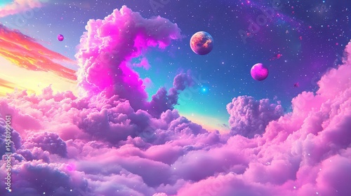 Abstract purple space cloud with planetary body drifting within glowing stardust
