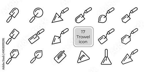 Seventeen Trowel Icons Construction, Masonry, Tools, Shapes, Line Art