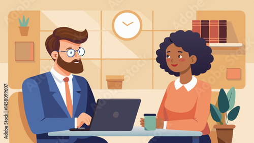 "Business Job Interview Concept: Vector Cartoon Illustration of Man in Suit Asking Questions to Woman Sitting at Table"