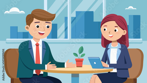"Business Job Interview Concept: Vector Cartoon Illustration of Man in Suit Asking Questions to Woman Sitting at Table"
