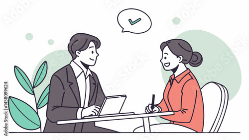 "Business Job Interview Concept: Vector Cartoon Illustration of Man in Suit Asking Questions to Woman Sitting at Table"