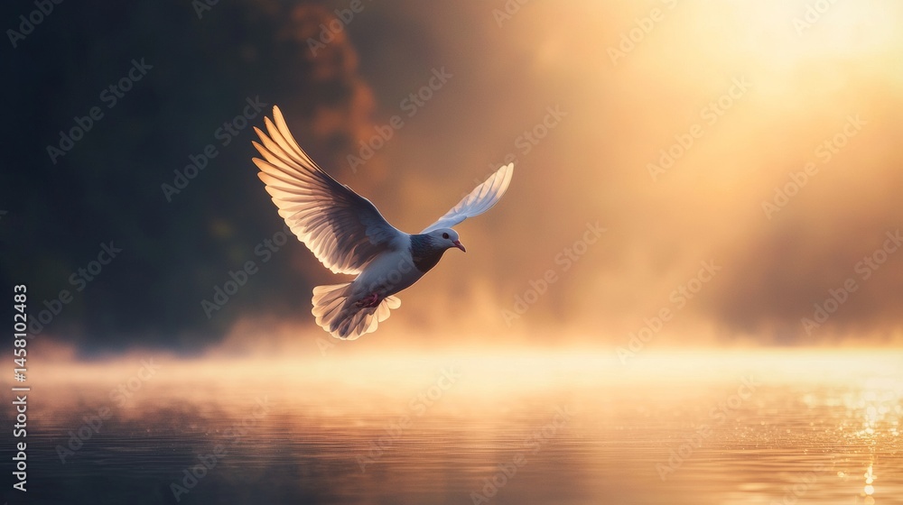 Fototapeta premium Bird soaring gracefully above tranquil water during sunrise in a serene landscape