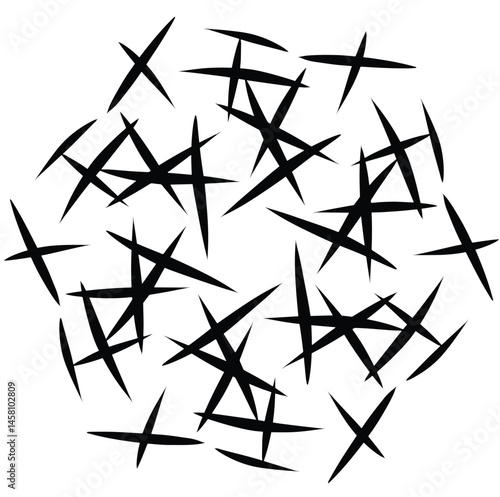 Dynamic overlapping black cross shapes are scattered across a white background, showcasing artistic abstraction and offering a versatile style suitable for patterns, designs, and contemporary artwork.