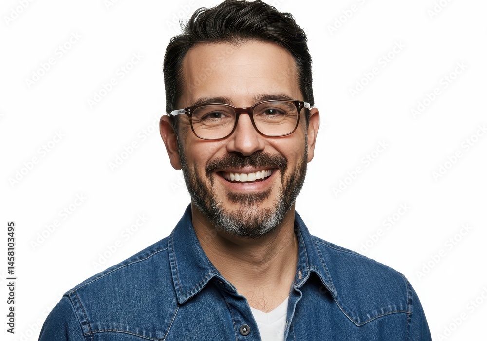 Fototapeta premium Smiling man with glasses and denim shirt against a white background portrait