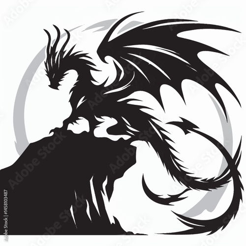 "Silhouette of a flying dragon with outstretched wings and long tail, fierce fantasy vector design