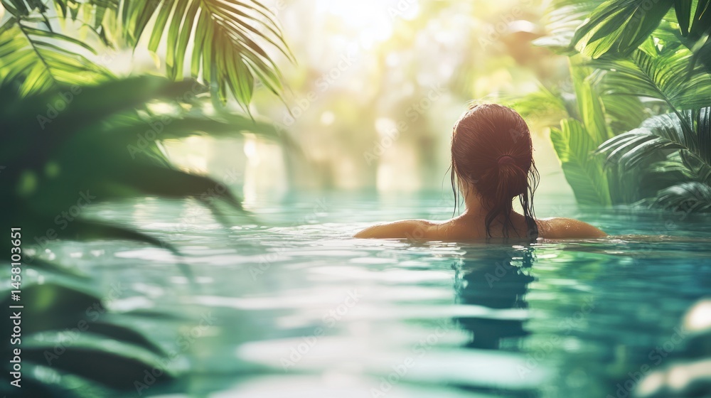 Serene immersion: Woman bathing in tropical lagoon amidst lush flora backdrop Serene immersion: Woman bathing in tropical lagoon amidst lush flora backdrop