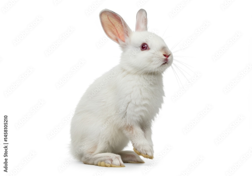White rabbit sitting upright looking up on a white background White rabbit sitting upright looking up on a white background