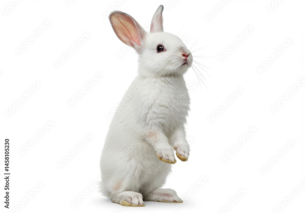 Obraz premium Standing white rabbit looking up on white background