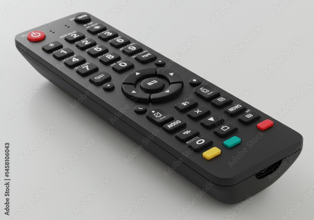Close up of a black remote control with colorful buttons on a white surface Close up of a black remote control with colorful buttons on a white surface