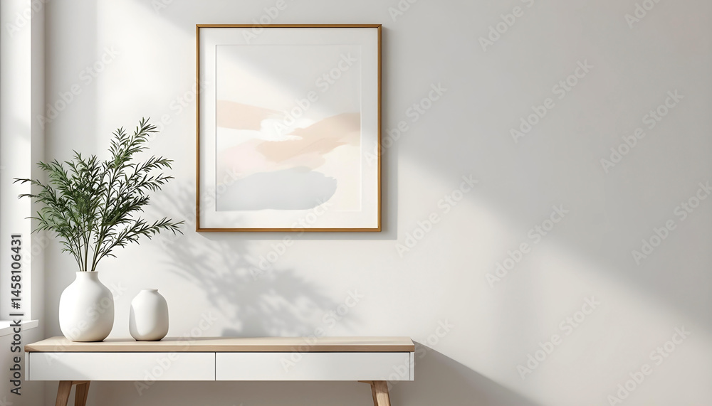 Stylish framed wall art enhances a warm and clean modern apartment interior with abstract decor details Stylish framed wall art enhances a warm and clean modern apartment interior with abstract decor details