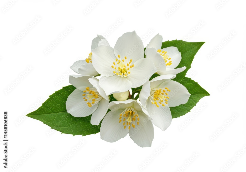 Obraz premium Close up of several white jasmine flowers with green leaves on a white background