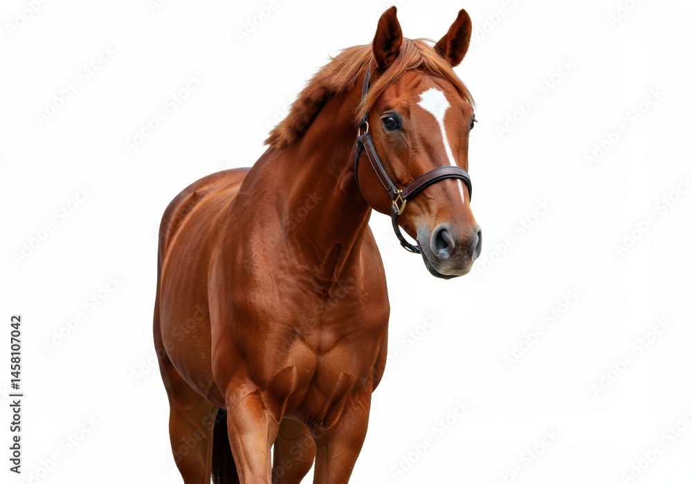 Chestnut horse with bridle and white blaze standing on a white background Chestnut horse with bridle and white blaze standing on a white background
