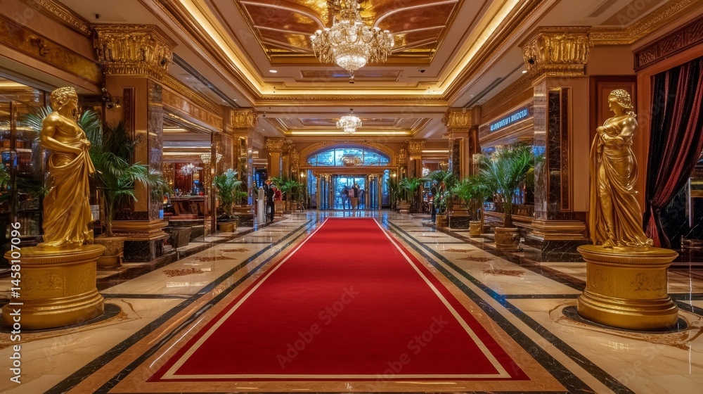Opulent Hotel Lobby with Gold Statues and Red Carpet