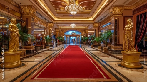 Obraz na płótnie Opulent Hotel Lobby with Gold Statues and Red Carpet w salonie