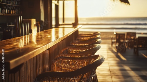 Sunset view from a beachside bar with wooden counter and wicker chairs overlooking the ocean