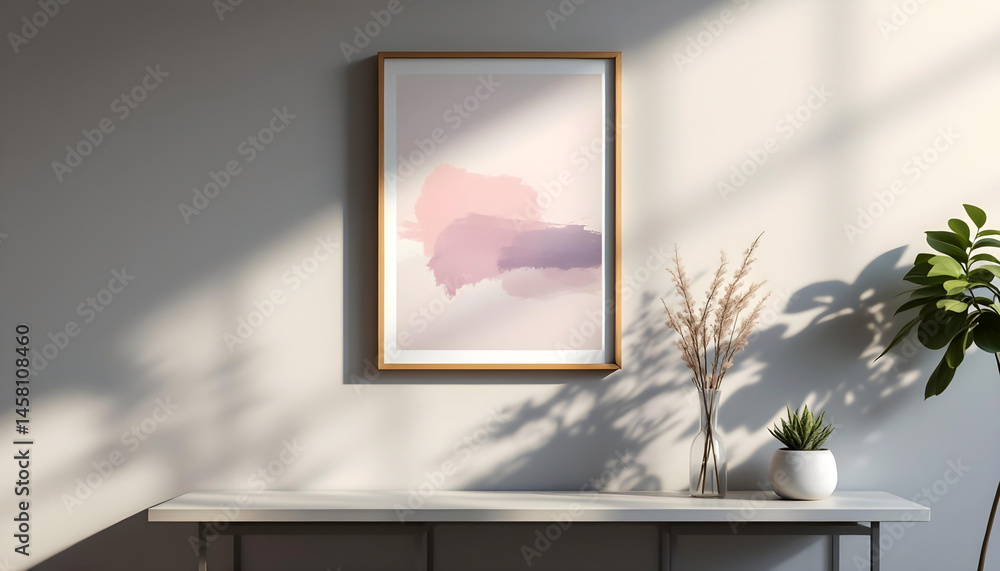 Fototapeta premium Minimalist abstract decor accents the white wall in a beautiful modern apartment with light furniture