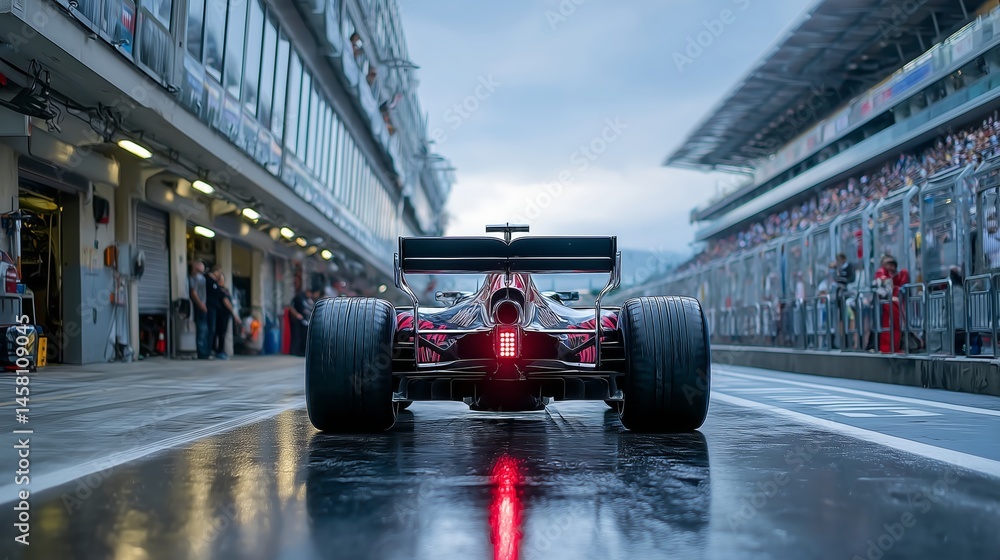 Naklejka premium Formula 1 Car in Pit Lane on Rainy Race Day with Reflected Tail Light, Surrounded by Garages, Spectators, and Modern Grandstands