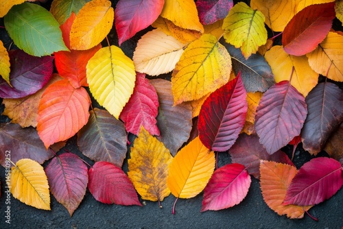 Wallpaper Mural Colorful autumn leaves in vibrant reds, oranges, yellows, and greens scattered on dark asphalt background Torontodigital.ca