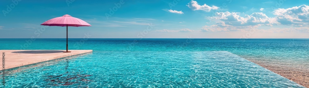 Pink summer vacation under parasol with swimming pool view concept. Serene infinity pool with pink umbrella against turquoise sea. Pink summer vacation under parasol with swimming pool view concept. Serene infinity pool with pink umbrella against turquoise sea.