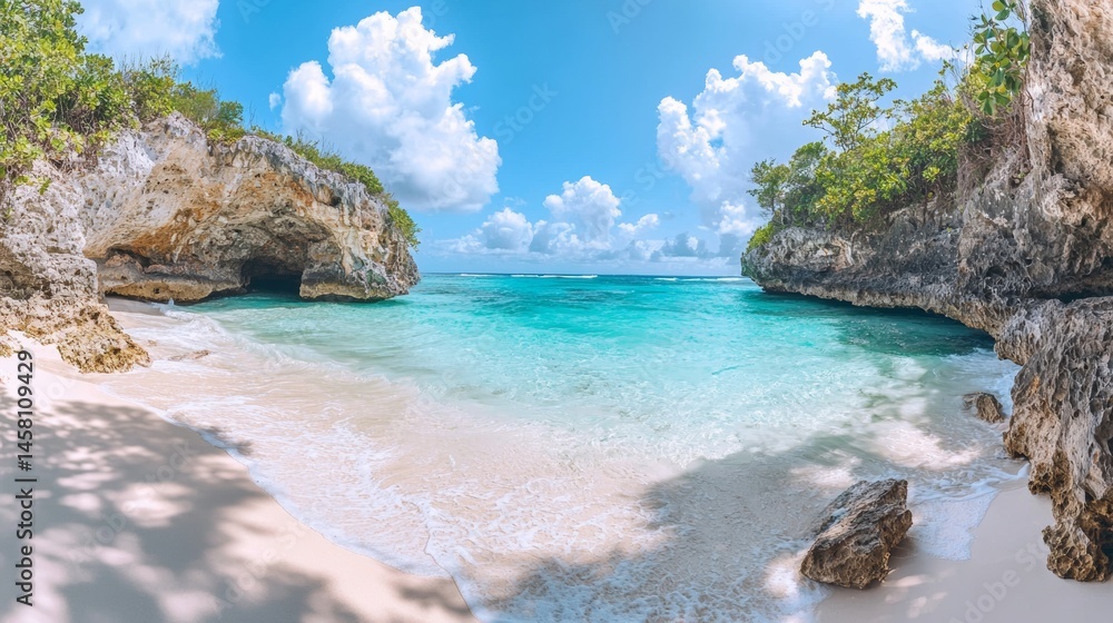 Tranquil beach with crystal clear water and stunning cliffs during midday in a tropical paradise Tranquil beach with crystal clear water and stunning cliffs during midday in a tropical paradise