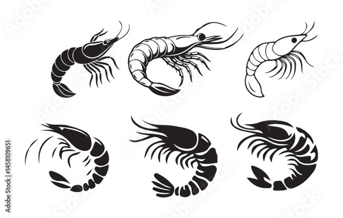 Shrimp silhouette set. Isolated shrimp on white background. Prawns. Vector illustration