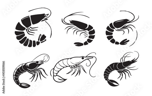 Shrimp silhouette set. Isolated shrimp on white background. Prawns. Vector illustration