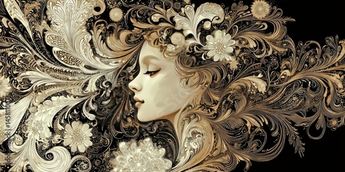 Psychedelic engraving of Venus with fractal floral designs weaving around her
