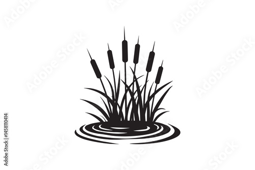 Lake Plants and Cattails Silhouette Illustration - Cattail Silhouette in Pond