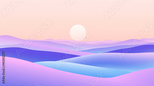 Abstract sunrise or moonset appears above pastel-toned hills layered with soft curved gradients.