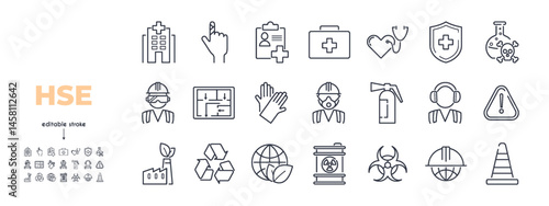 Health Safety Environment line icon set.First aid kit, danger, protective mask, heart, recycling, clean energy, radiation, fire extinguisher, goggles, cone vector illustration. Editable Stroke