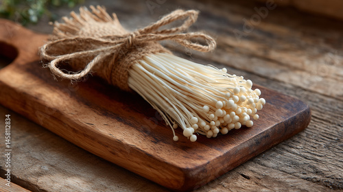 Golden Enoki on Wooden Board: A bundle of fresh enoki mushrooms, tied with natural twine, sits on a rustic wooden board, the textures and natural tones creating a serene scene.