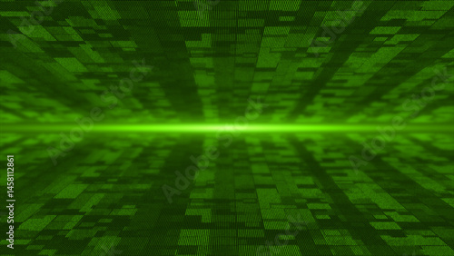 Lime green flying particles in digital 3d technologic cyberspace with light rays. Digital matrix futuristic background