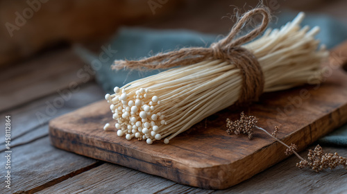 Enoki Mushroom Still Life: A close-up shot of fresh enoki mushrooms tied with natural twine on a wooden cutting board, evoking a sense of rustic charm and culinary anticipation.