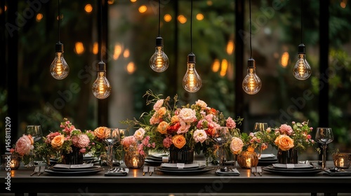 Romantic Dinner Setting with Floral Arrangements and Vintage Edison Bulbs