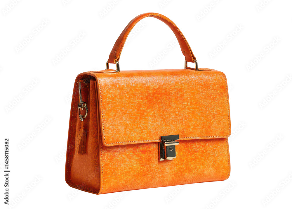 Orange leather handbag with handle and clasp, isolated on transparent background, fashion accessory style Orange leather handbag with handle and clasp, isolated on transparent background, fashion accessory style