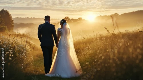 A stunning visual of a newlywed couple in a peaceful meadow. This clip showcases their romance and the beauty of nature. Perfect for wedding themes and love stories. Generative AI
